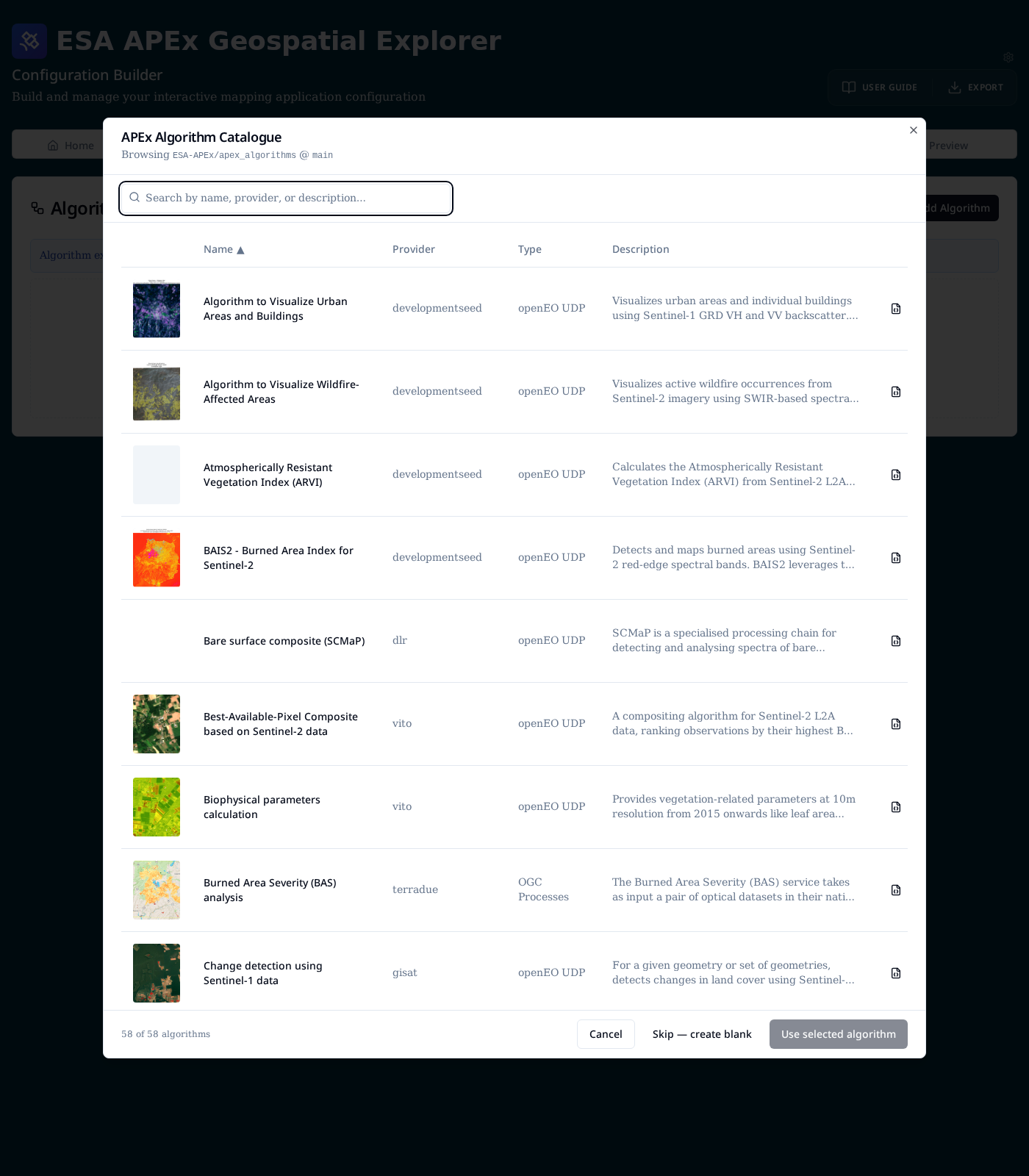 APEx algorithm catalogue browser