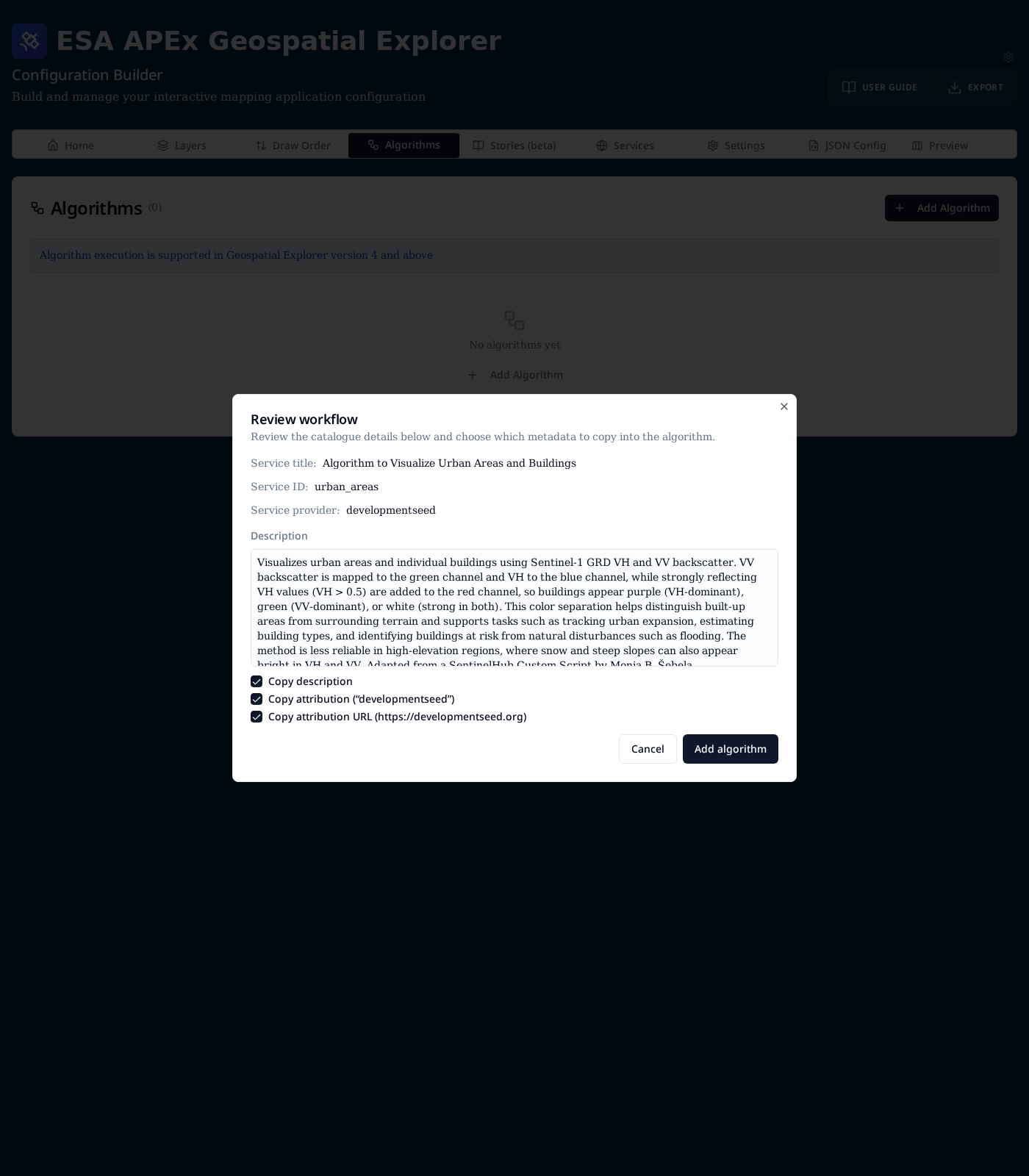 Review dialog with catalogue metadata
