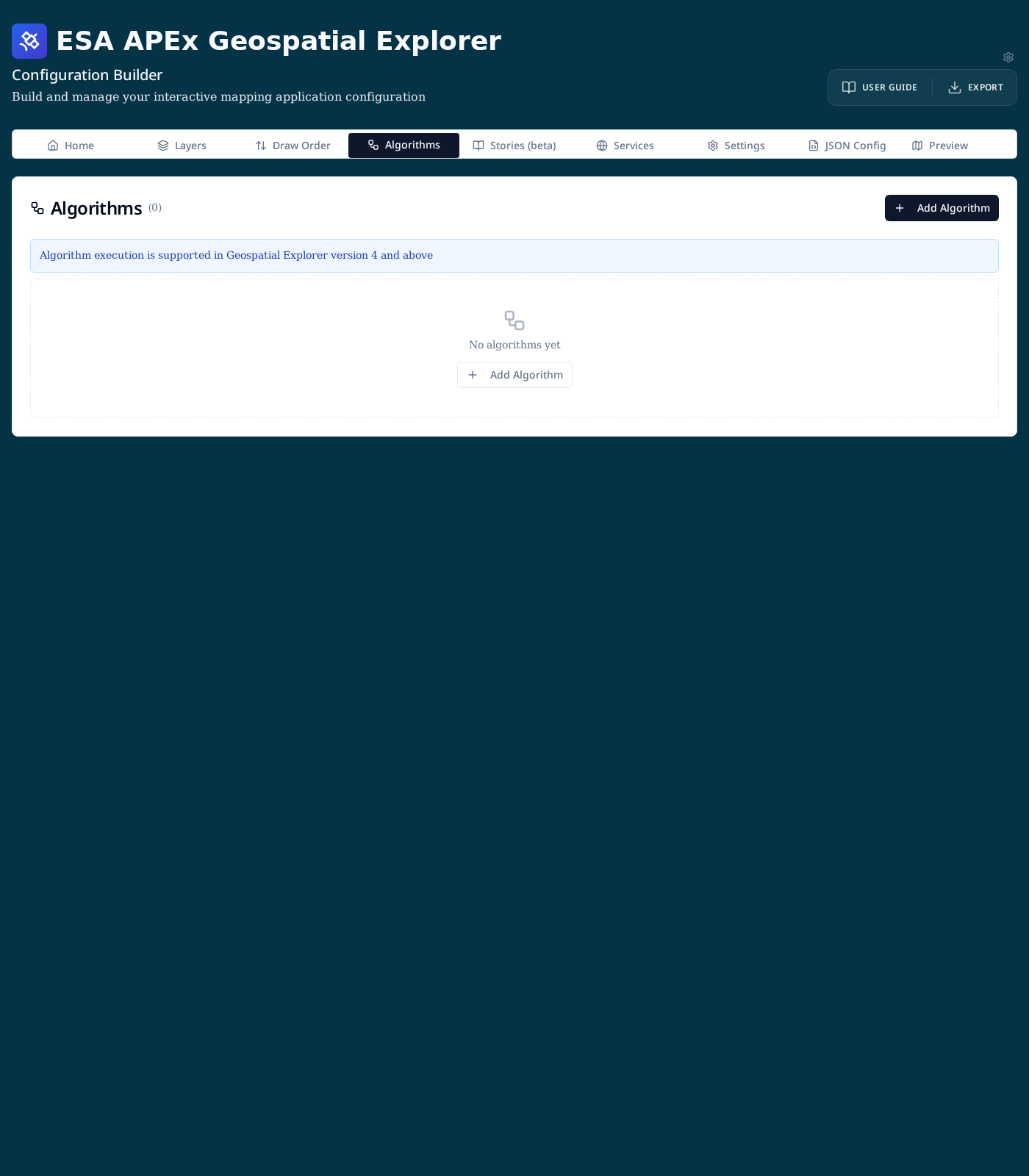Algorithms tab with no algorithms yet