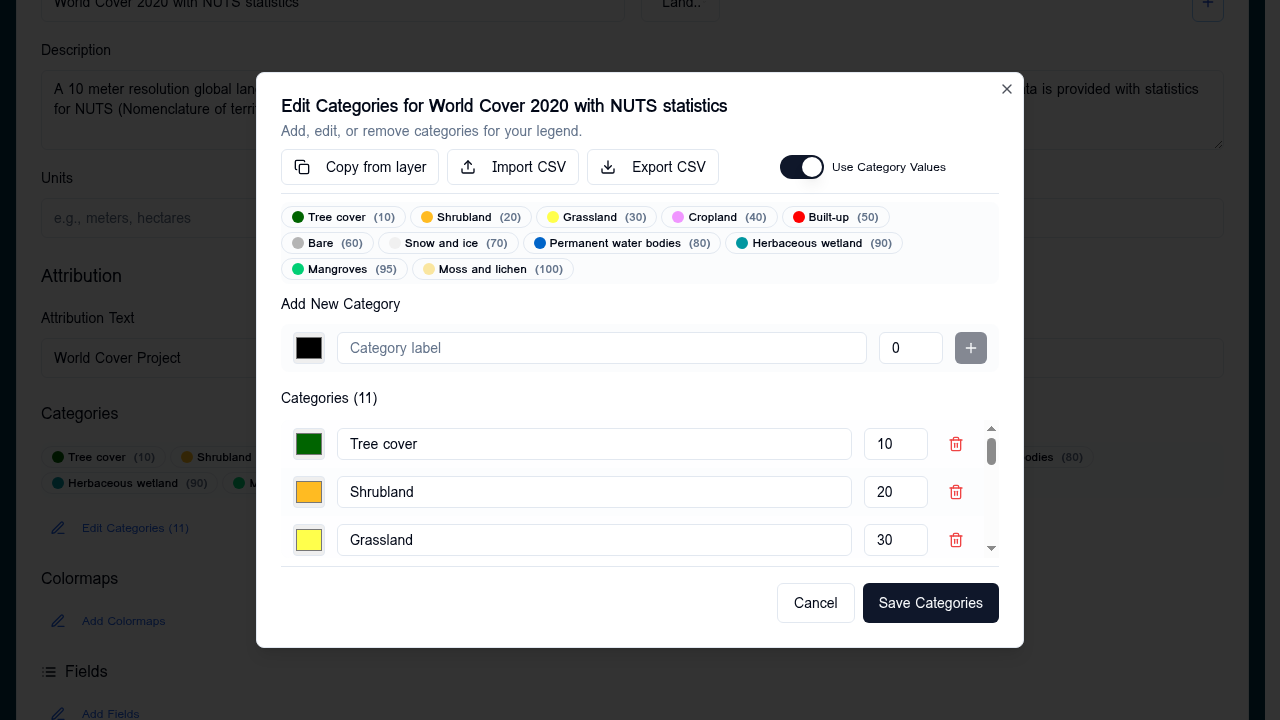 Edit Categories dialog
