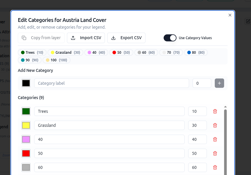 Edit Categories dialog for the World Cover WMS layer showing populated categories