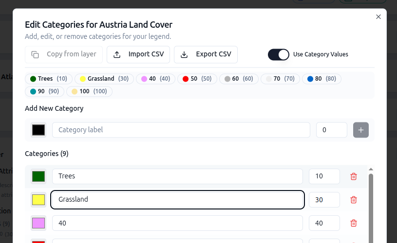 Edit Categories dialog for the World Cover COG layer showing populated categories with labels and values