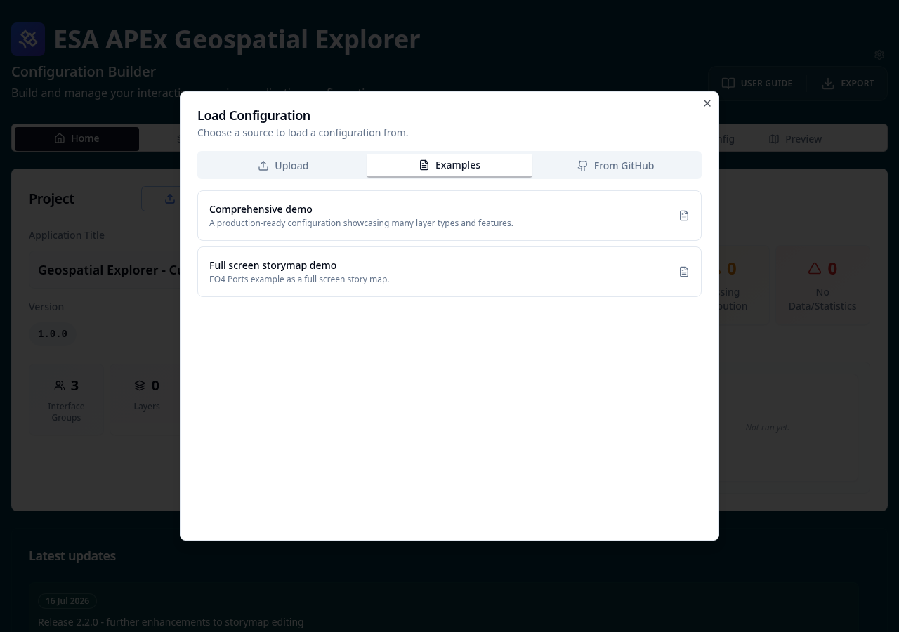 Load Configuration dialog with the Examples tab selected, showing the Comprehensive demo and Full screen storymap demo entries