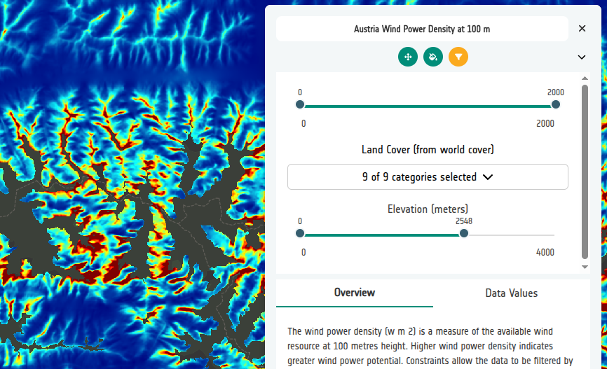 Austria Wind Power Density layer with the Constraints panel open, showing the Land Cover and Elevation continuous constraint sliders