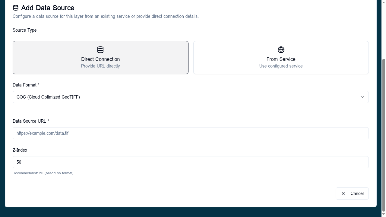 Add Data Source form with Direct Connection selected, Data Format set to COG, and a Data Source URL field with placeholder https://example.com/data.tif