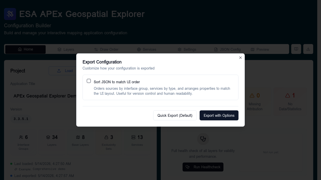 Export Configuration dialog — Sort JSON to match UI order checkbox with Quick Export and Export with Options buttons