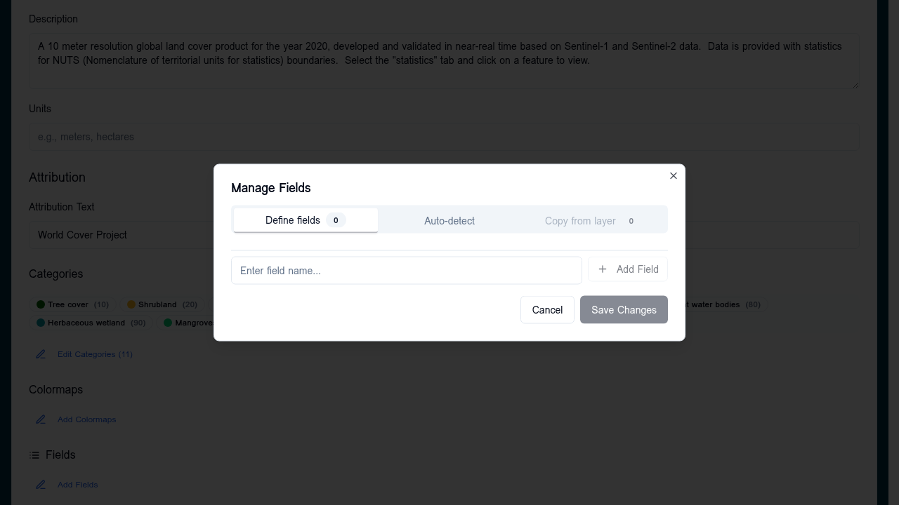 Manage Fields dialog with Define / Auto-detect / Copy from layer tabs