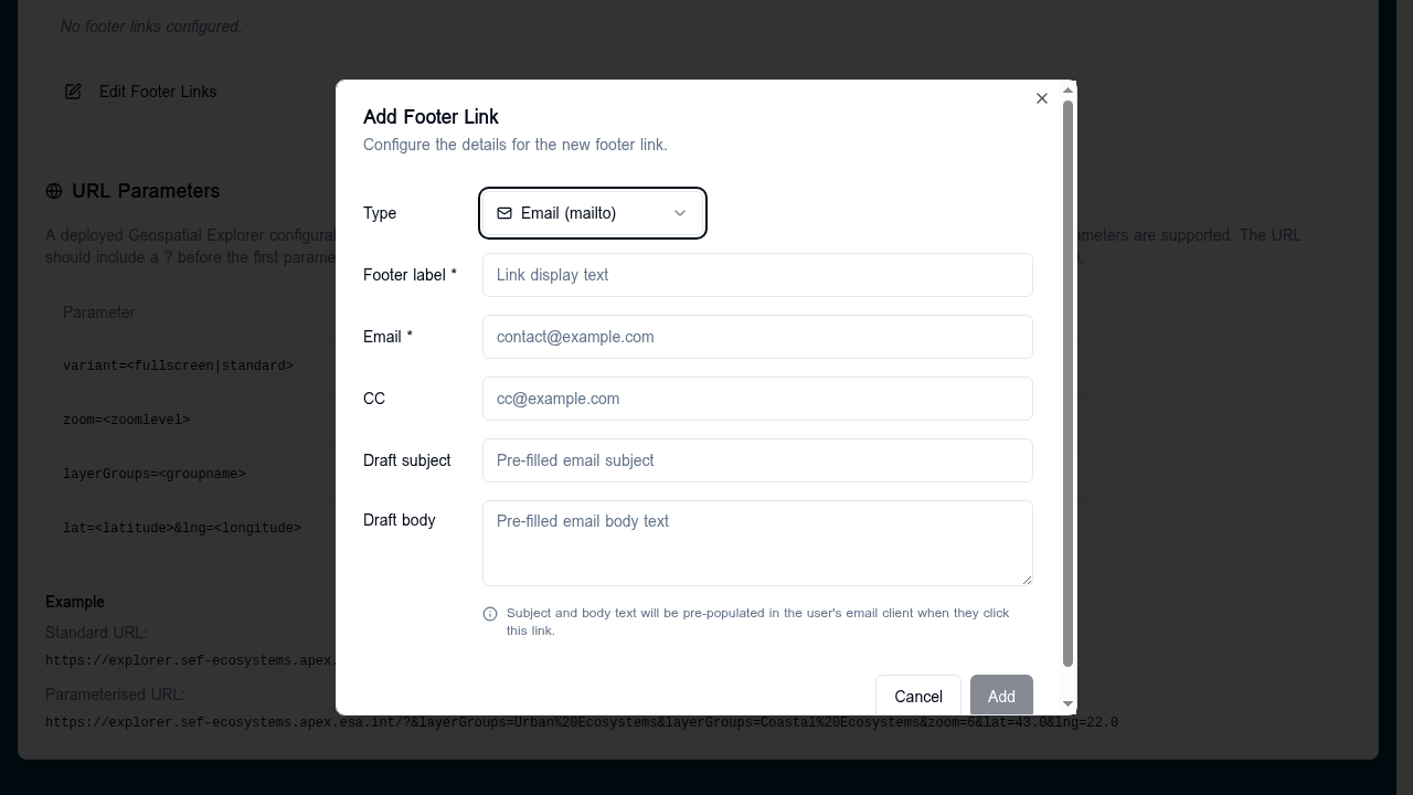 Add Footer Link dialog — Mailto type with Email, CC, Draft subject, and Draft body fields