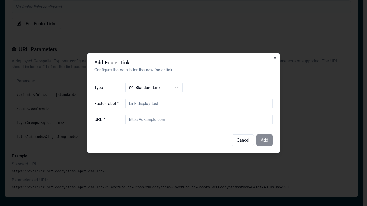 Add Footer Link dialog — Standard Link type with Footer label and URL fields