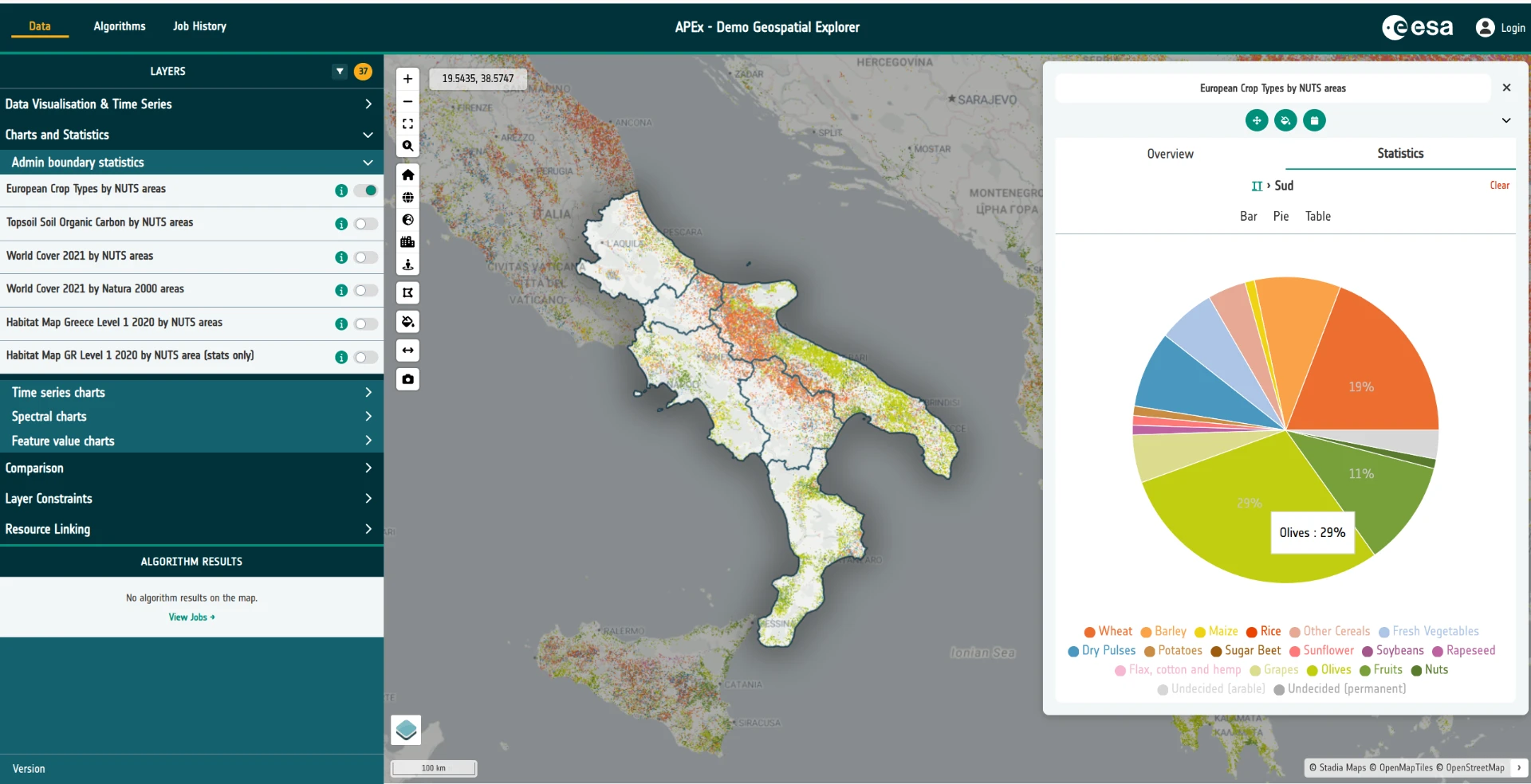 Example Geospatial Explorer deployment showing a layers panel, map of southern Italy and a pie chart of European crop types by NUTS area