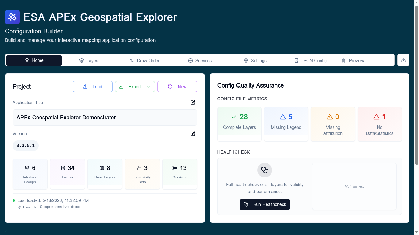 Home tab with the demo config loaded — the Run Healthcheck button is in the Config Quality Assurance card