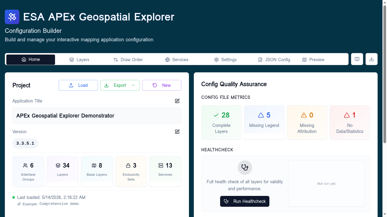 Home tab with the Comprehensive demo loaded — Project card on the left, Config Quality Assurance card on the right