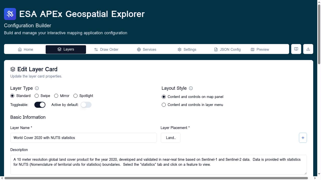 Layer Type selector — Standard / Swipe — and Layout Style at the top of the layer card editor