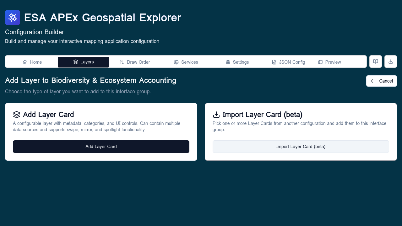 Add Layer to Biodiversity & Ecosystem Accounting screen with two tiles: Add Layer Card and Import Layer Card (beta)