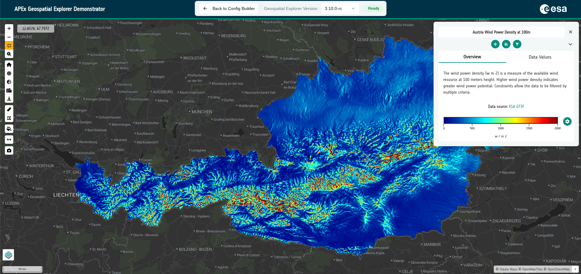 APEx Geospatial Explorer in fullscreen mode with the map covering the full viewport and the info panel floating on the right