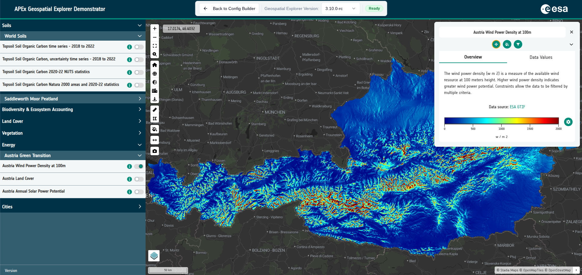 APEx Geospatial Explorer in sidebar mode showing the layer panel docked on the left with Austria Wind Power Density at 100m active