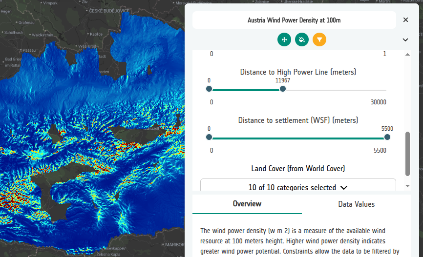 Austria Wind Power Density layer with multiple continuous constraints combined in the Constraints panel