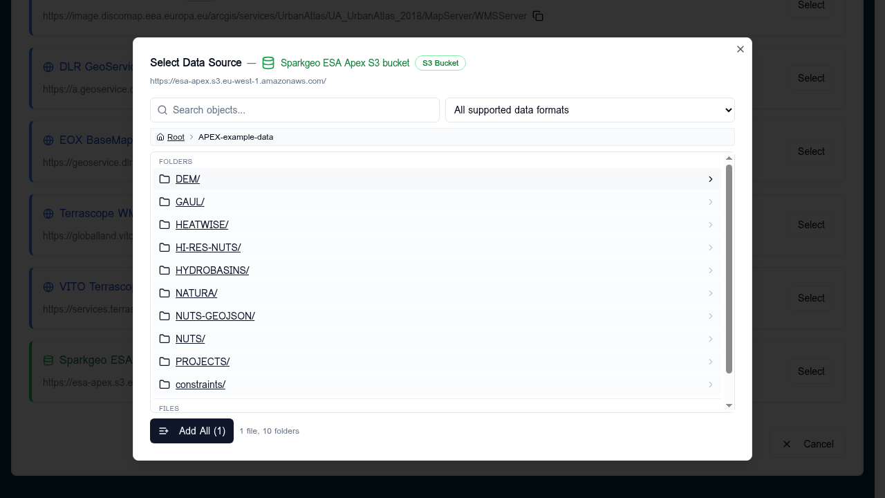 S3 browser inside APEX-example-data showing nested folders DEM, GAUL, HEATWISE, HI-RES-NUTS, and so on