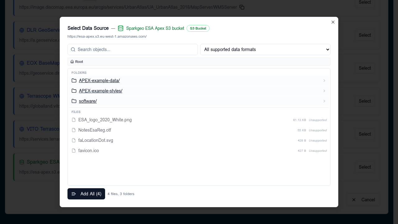 S3 browser dialog showing the bucket root with a Search field, a format filter dropdown, three folders (APEX-example-data, APEX-example-styles, software) and four files (logos and configs marked Unsupported)