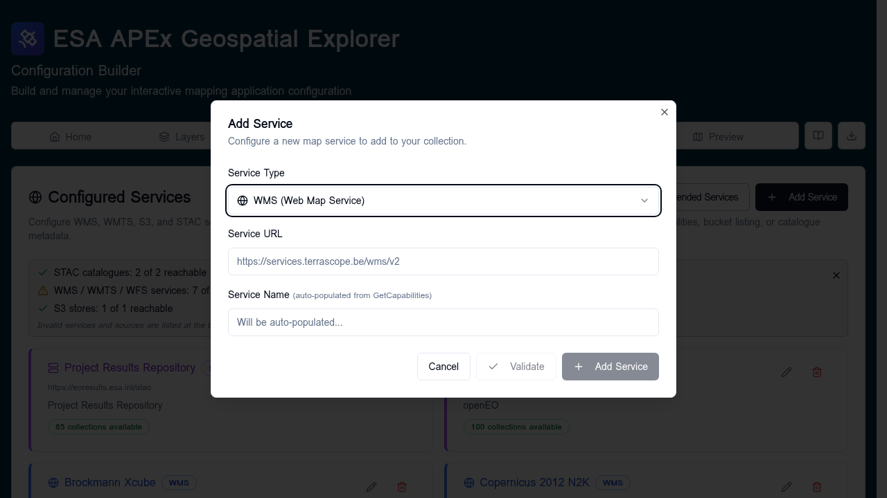 Add Service dialog with Service Type set to WMS, an empty Service URL field showing the placeholder, and disabled Validate / Add Service buttons
