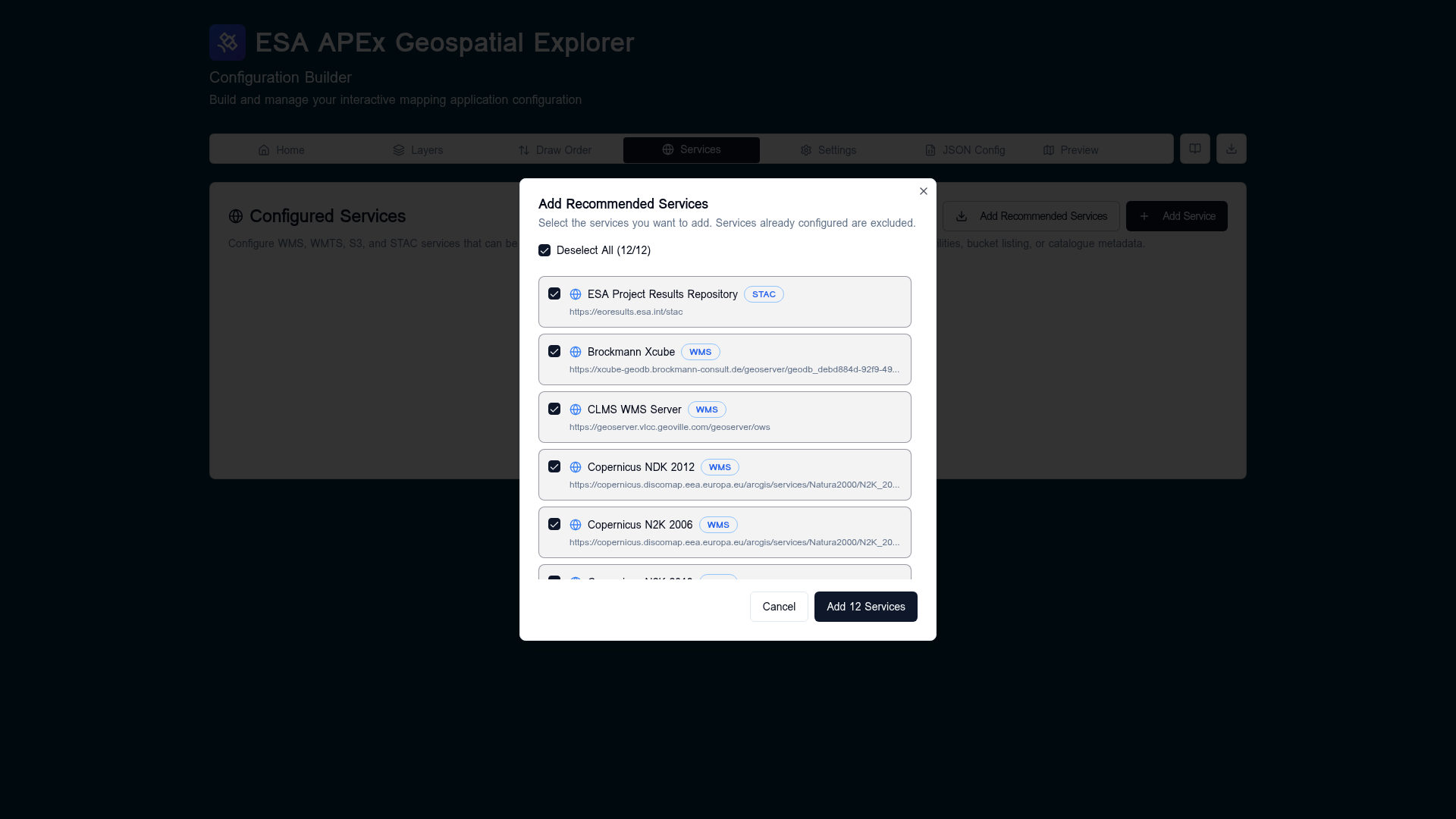 Add Recommended Services dialog with twelve services pre-selected, showing STAC and WMS badges