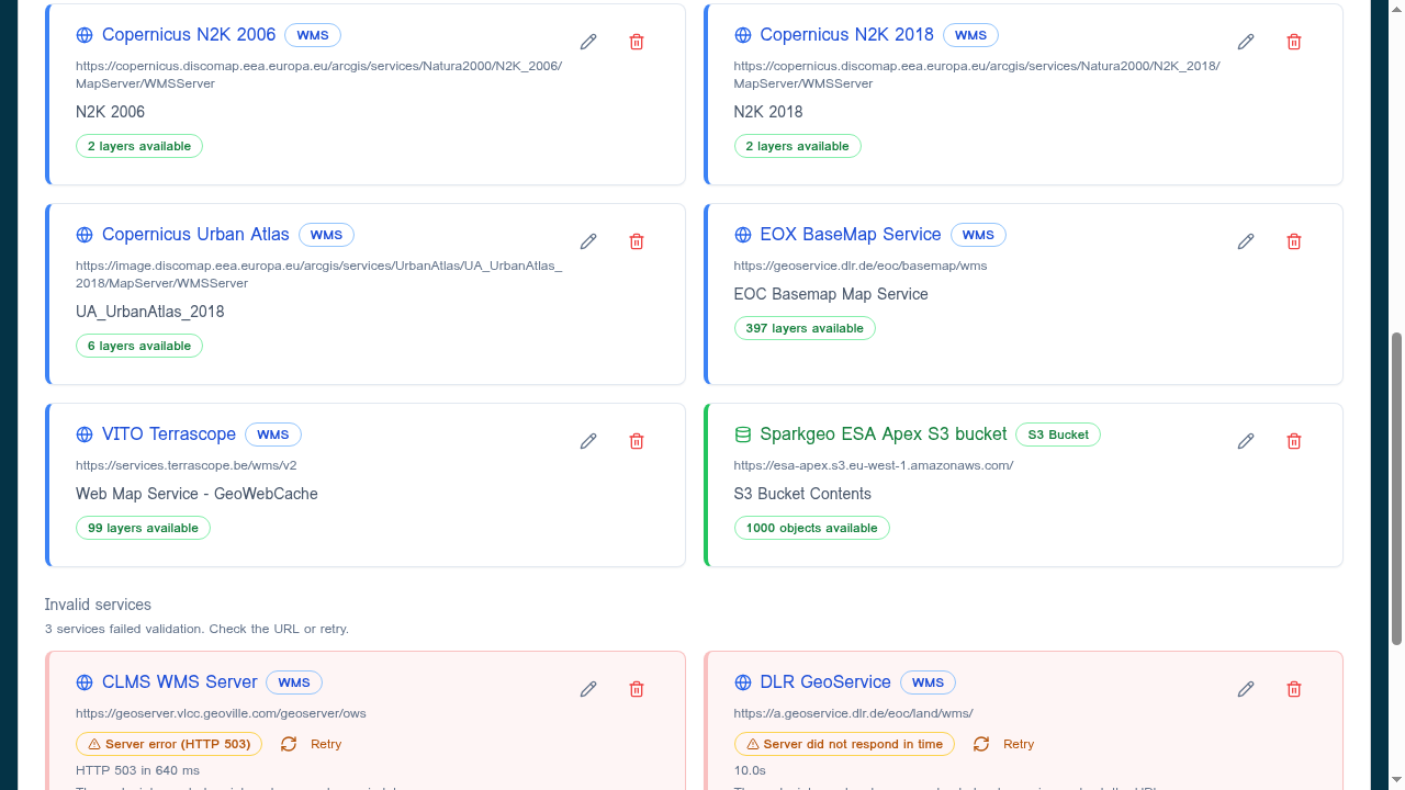 Services list showing healthy services with green "layers available" badges above an "Invalid services" section listing two failed entries with Server error (HTTP 503) and Server did not respond in time
