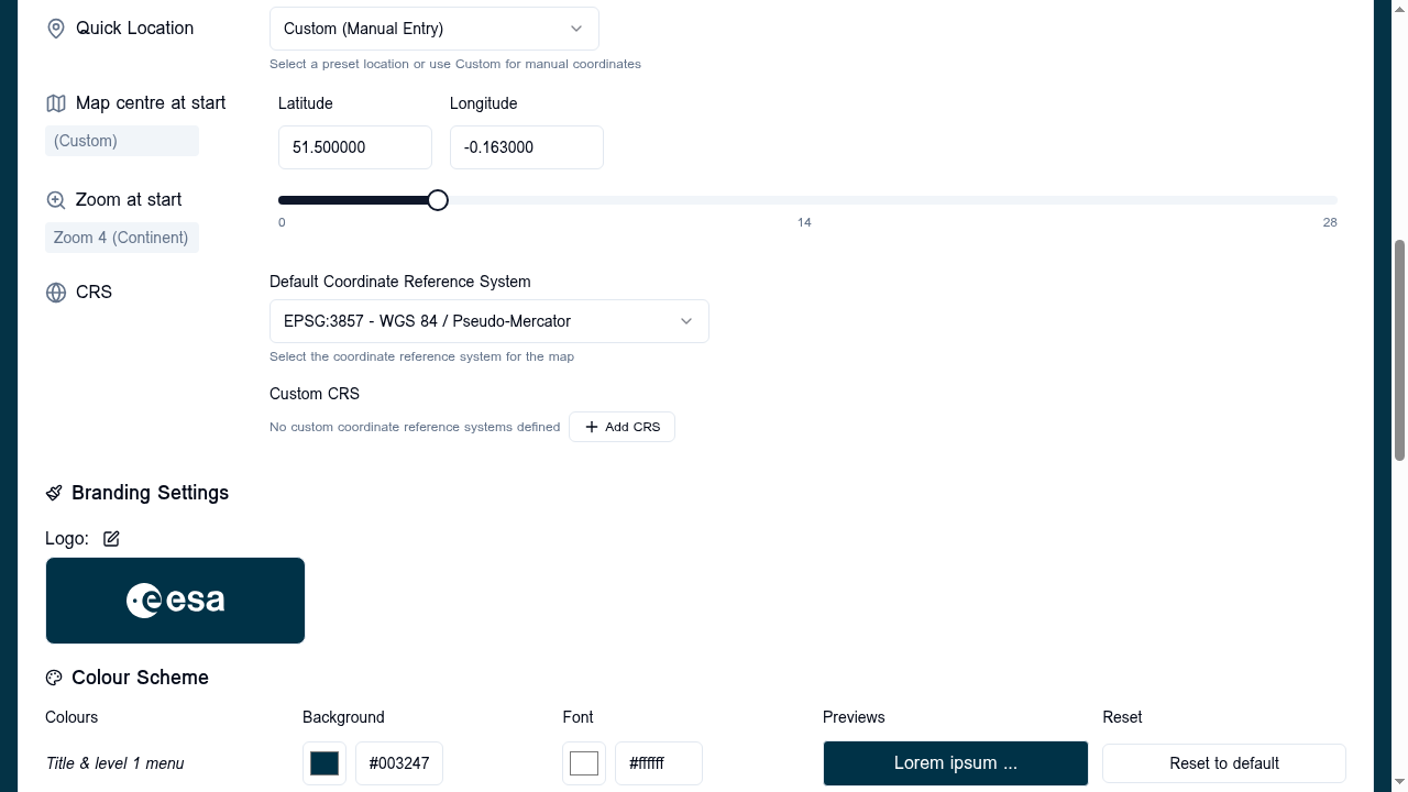 Settings tab — Map centre, Zoom slider, and Coordinate Reference System controls with the Branding section visible below