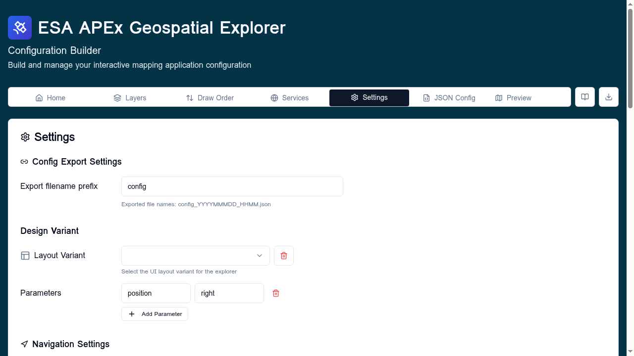 Settings tab — top of the page showing Config Export Settings, Design Variant, and Navigation Settings