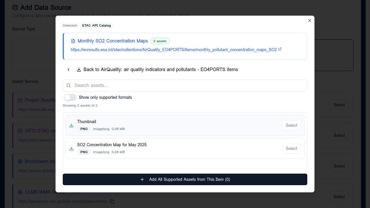 STAC browser inside an item showing two assets — a Thumbnail PNG and an SO2 Concentration Map for May 2025 PNG — each with format and size, plus an Add All Supported Assets button