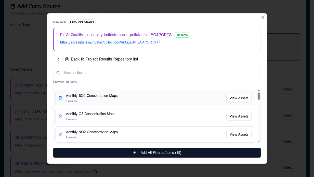 STAC browser inside AirQuality collection showing 19 items, each with a View Assets button and an Add All Filtered Items button at the bottom