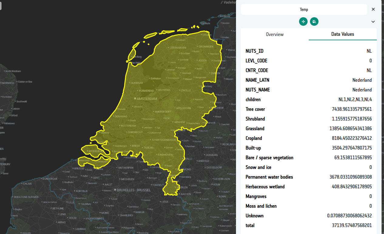 Data Values panel for the Netherlands, showing NUTS properties and pre-computed class areas