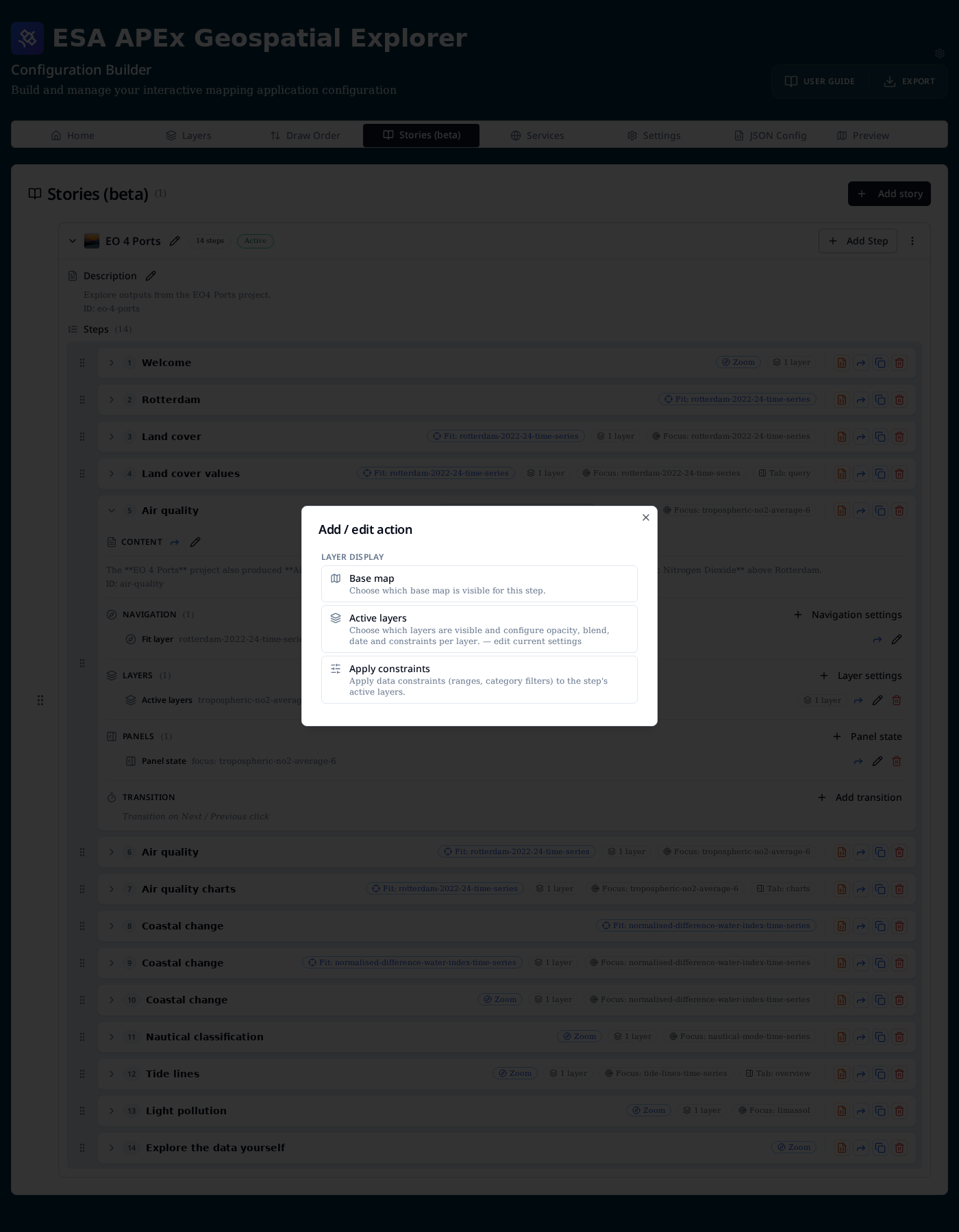Add / edit action dialog for the Layers category