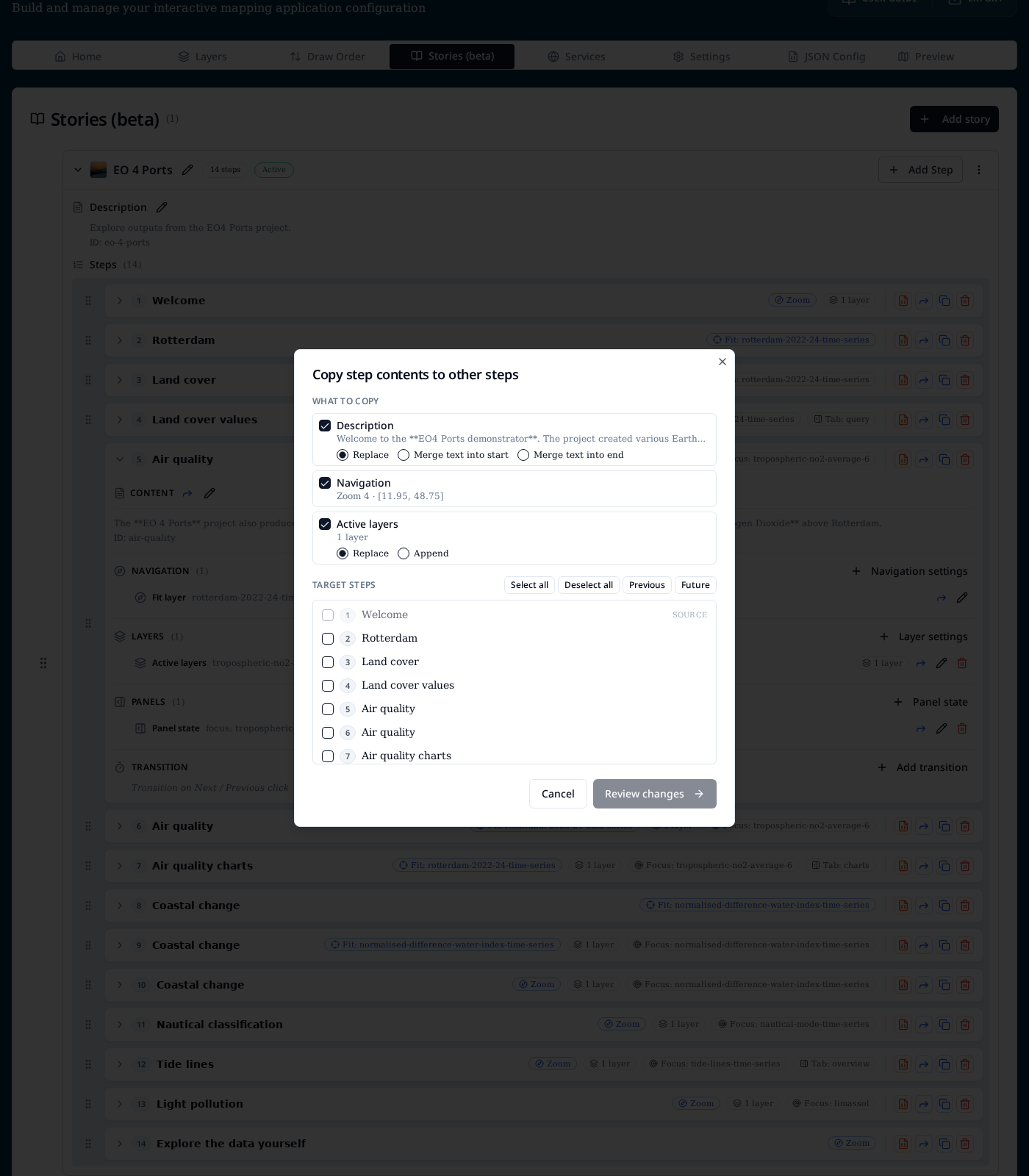 Copy step contents to other steps dialog