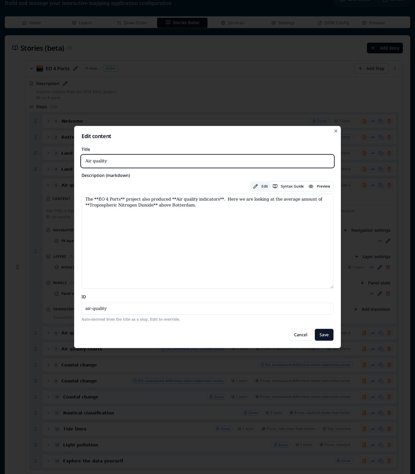 Edit content dialog for a step