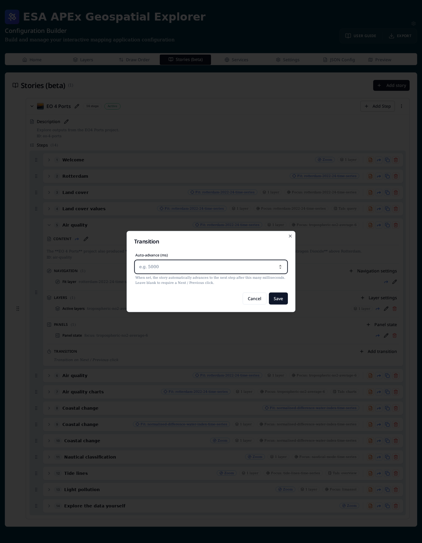 Transition editor with the Auto-advance (ms) input