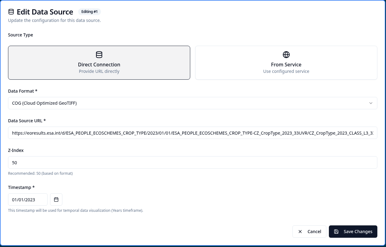 Edit Data Source panel with the Timestamp field set for a COG dataset