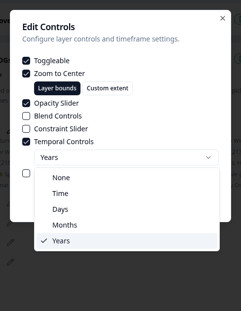 Edit Controls dialog with Temporal Controls enabled and the timeframe list open