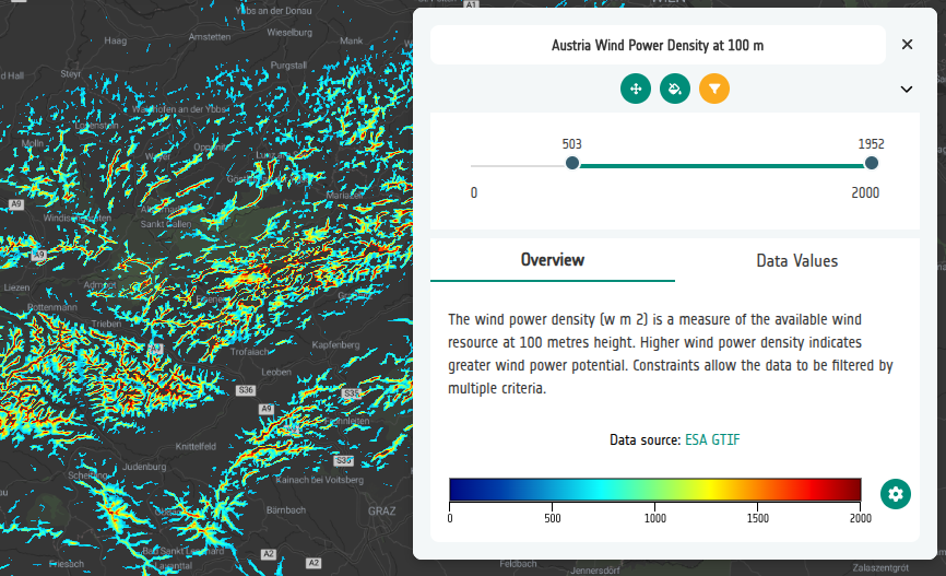 Austria Wind Power Density layer preview with the layer panel open, showing the jet colour ramp legend and layer description