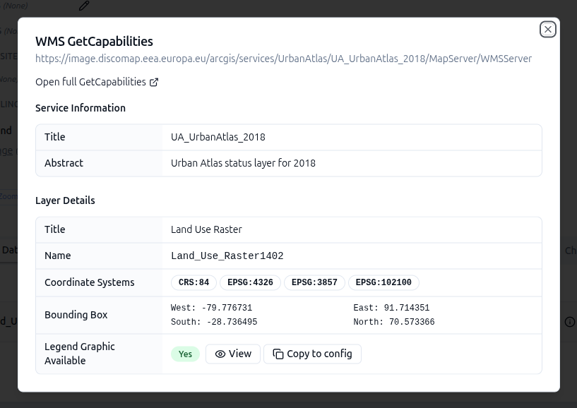 WMS GetCapabilities metadata dialog for UA_UrbanAtlas_2018 showing Legend Graphic Available with View and Copy to config buttons