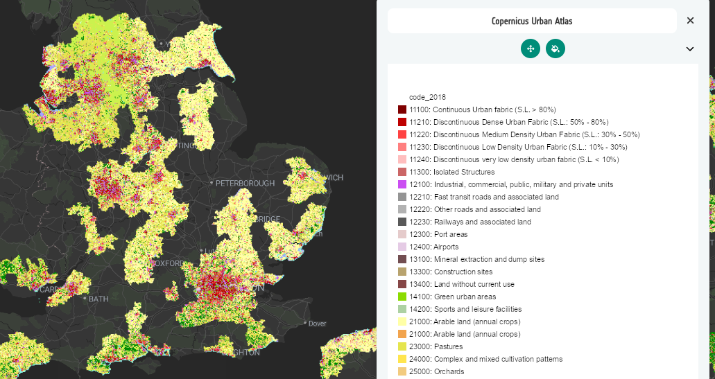 Preview of the Copernicus Urban Atlas layer over the UK with the class legend listed in the side panel