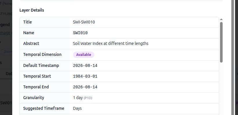Service metadata dialog showing the advertised time dimension for a WMTS layer