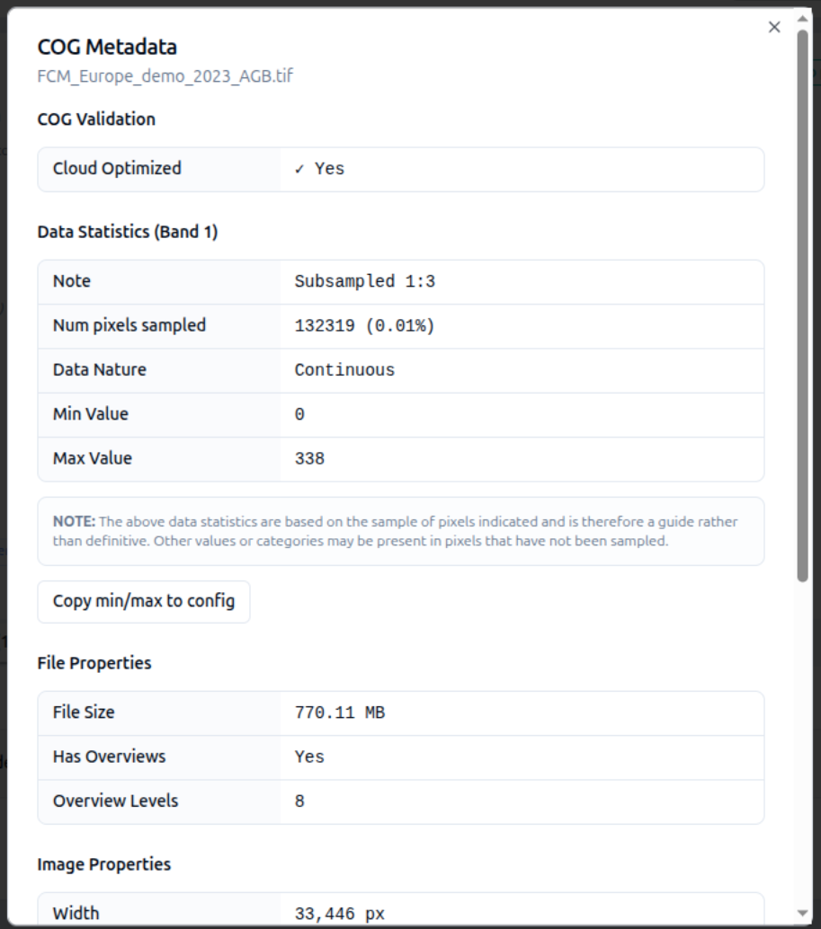 COG metadata dialog for the AGB GeoTIFF