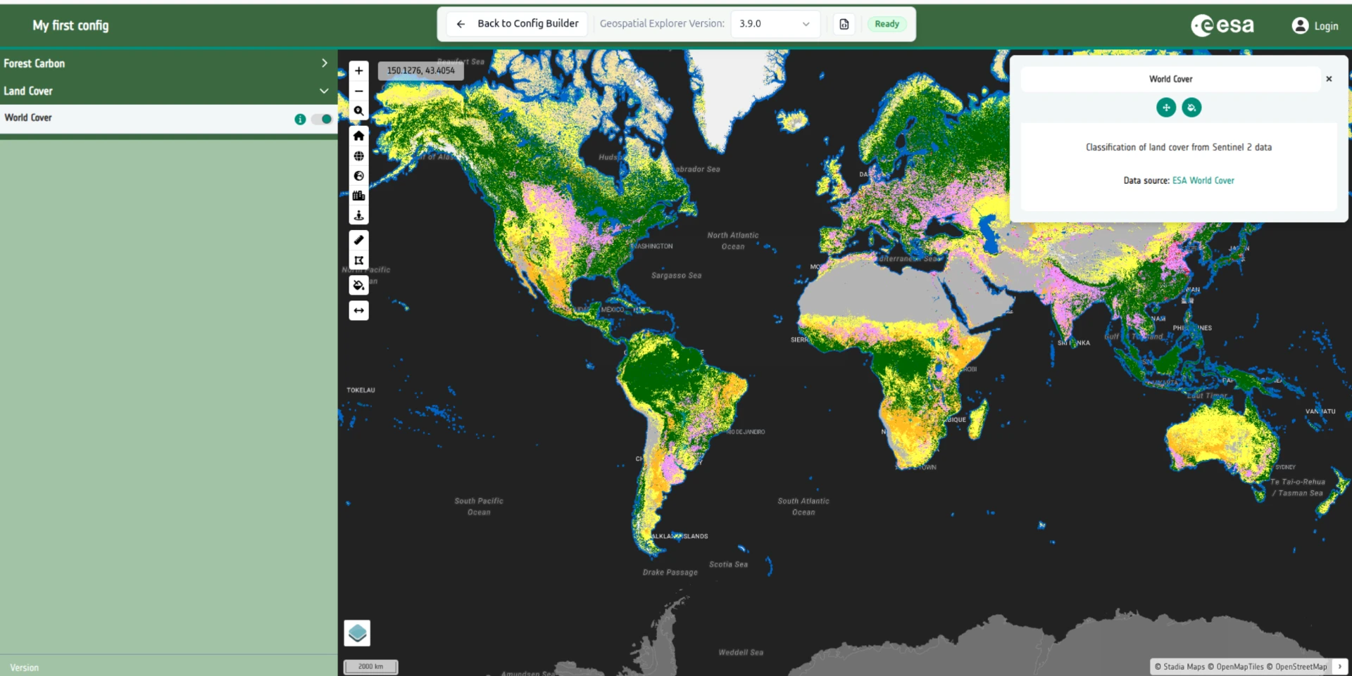 World Cover WMS layer previewed in the Geospatial Explorer